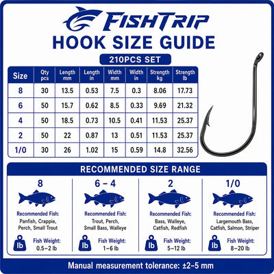 FishTrip hook size guide for 210-piece set with size chart and recommended ranges
