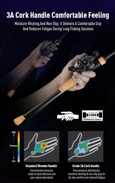 Fishing rod with cork handle grips and black reel seat on a carbon fiber shaft