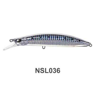 Floating minnow jerkbait with silver body and blue-speckled scales pattern