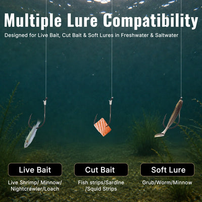 Octopus hooks shown for live bait, cut bait, and soft lures