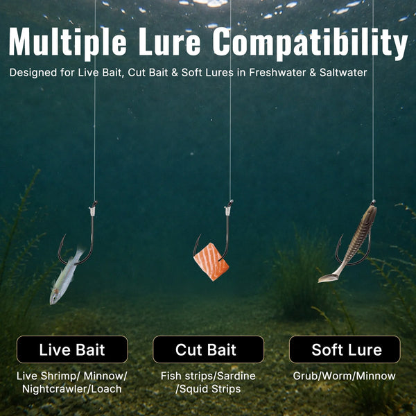 Octopus hooks shown for live bait, cut bait, and soft lures