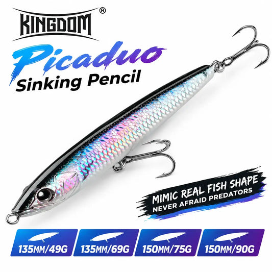 Sinking pencil fishing lure with iridescent blue-pink body, black back, dual treble hooks