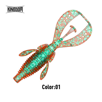 Soft shrimp fishing lure in teal glitter with orange tint and white speckles, worm-style
