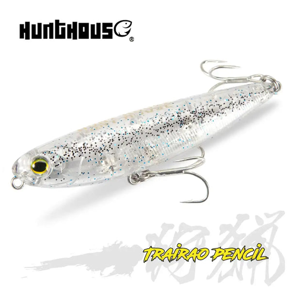 Silver speckled floating pencil fishing lure with treble hooks, side profile