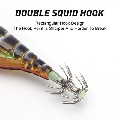 Artificial squid jig with double squid hook and metallic patterned body