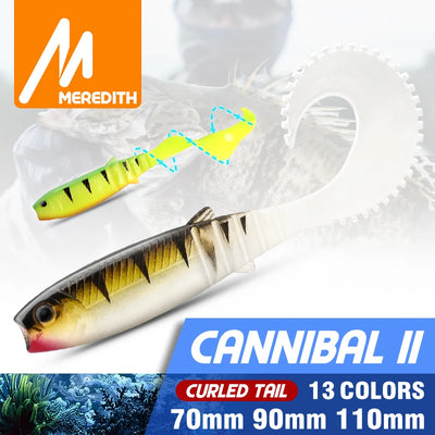 Curly-tail soft swimbait lure, neon chartreuse and white-yellow shad body with fins.