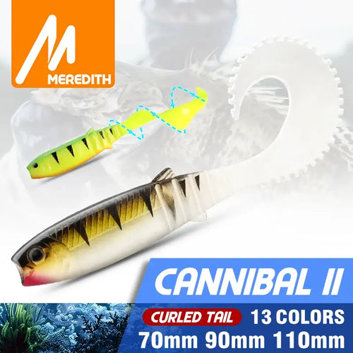 Curly-tail soft swimbait lure, neon chartreuse and white-yellow shad body with fins.