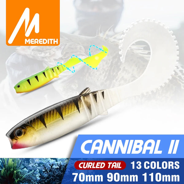 Curly-tail soft swimbait lure, neon chartreuse and white-yellow shad body with fins.