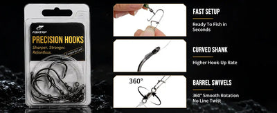 Precision hooks pre-tied rig package with circle hook, curved shank, and barrel swivels