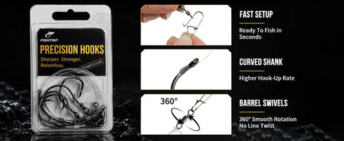 Precision hooks pre-tied rig package with circle hook, curved shank, and barrel swivels