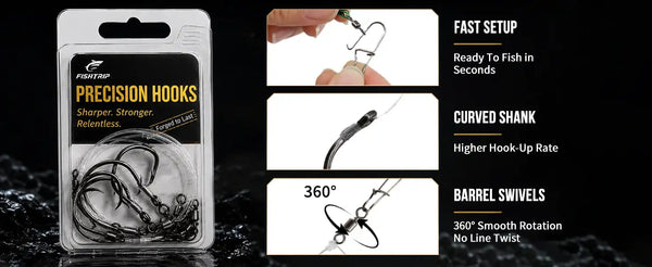 Precision hooks pre-tied rig package with circle hook, curved shank, and barrel swivels