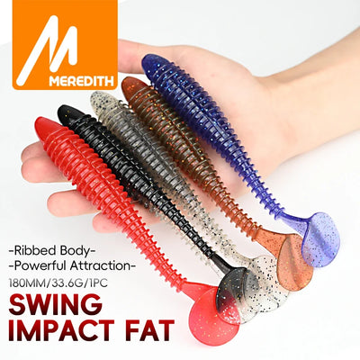 Soft silicone T-tail fishing lure set with red, blue, gray, black, and brown paddle tails