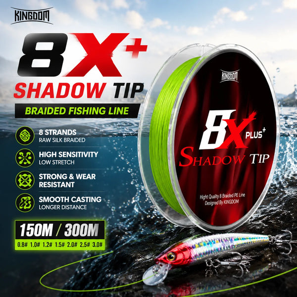 Green braided fishing line on a round spool, shadow-tip style
