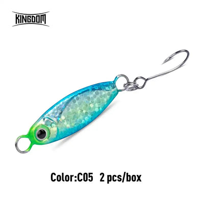 Light blue and green micro metal jig lure with black eye, single hook