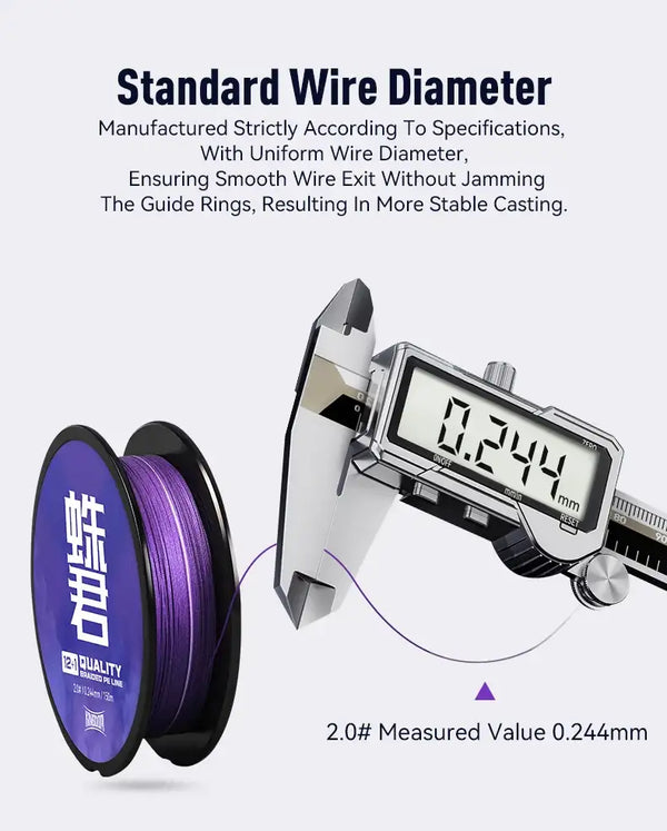 Braided fishing line spool with purple line and digital wire diameter gauge