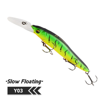 Minnow fishing lure, green and dark/black with striped pattern, clear lip, three treble hooks