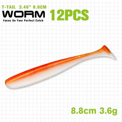 Orange gradient glitter T-tail soft plastic shad lure, 8.8 cm