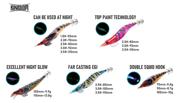 Luminous squid jigs with illustrated sizes and night-glow use