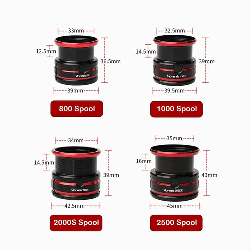 Spool size diagram with red measurements for 800, 1000, 2000, and 2500 spools