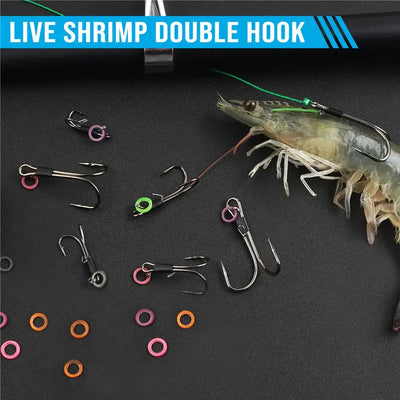 Live shrimp double hooks kit with multiple hooks and colorful rubber rings