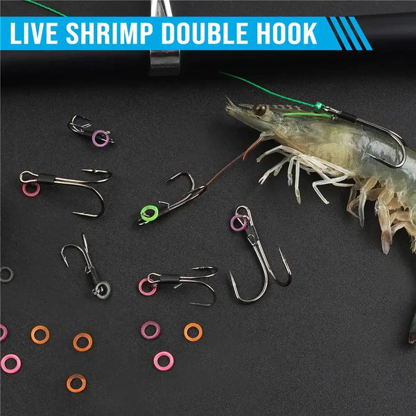 Live shrimp double hooks kit with multiple hooks and colorful rubber rings