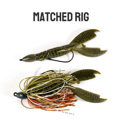 Olive-green craw flapper soft plastic trailer on jig hook, matched rig