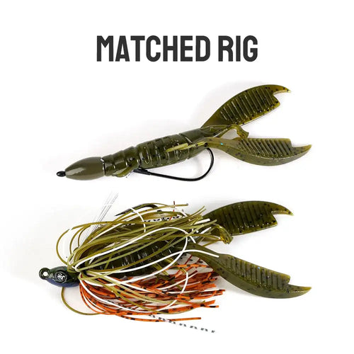 Olive-green craw flapper soft plastic trailer on jig hook, matched rig