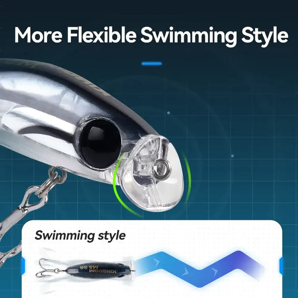 Micro minnow lure front section with black eye, transparent lip, and treble hooks