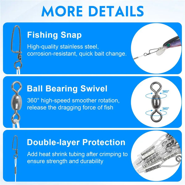 Fishing leader hardware set: stainless snap hook, ball bearing swivel, heat-shrink protection