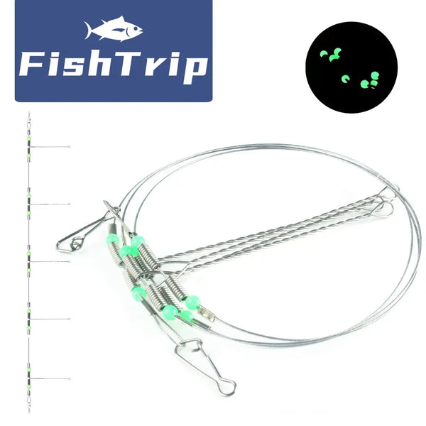Fishing leader set with double hooks, luminous green beads, and snap-on connectors