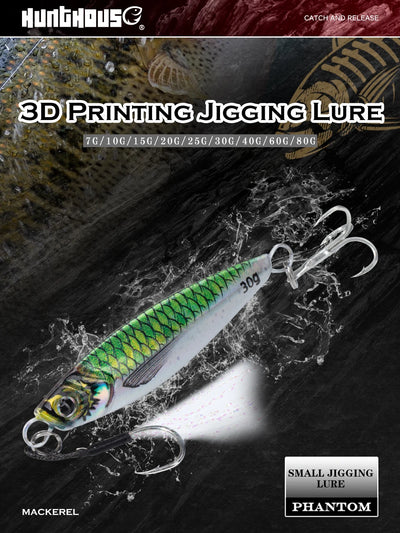 3D printing jigging lure, green scale metal body with multiple treble hooks