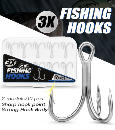 MEREDITH treble fishing hooks blister pack, 10pcs, strong hook body, sharp points, sizes 6/8