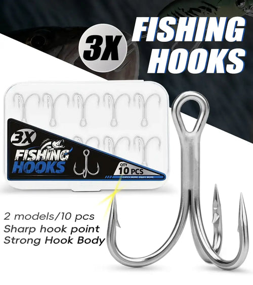 MEREDITH treble fishing hooks blister pack, 10pcs, strong hook body, sharp points, sizes 6/8
