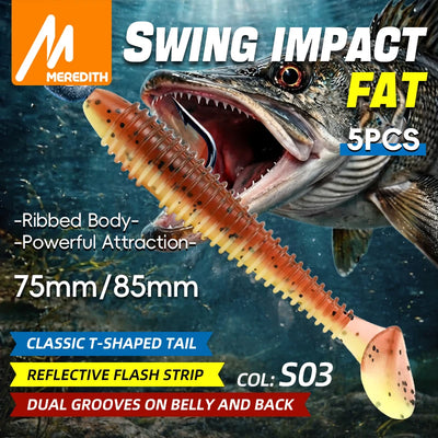 Meredith paddle tail soft plastic lure, orange speckled ribbed body, classic T-tail