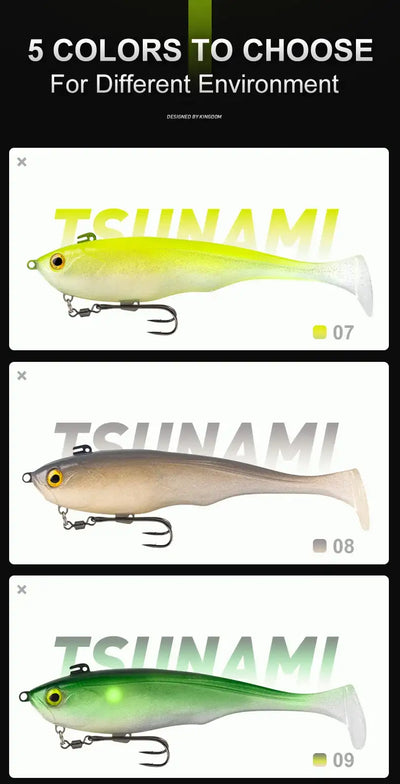 Display of five soft fishing lure colors on a chart, including green and tan