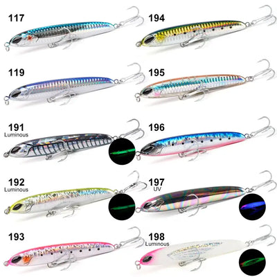 Assorted NOEBY stickbait lures, multiple colors with treble hooks and split rings