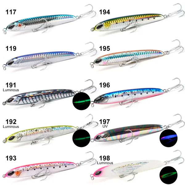 Assorted NOEBY stickbait lures, multiple colors with treble hooks and split rings