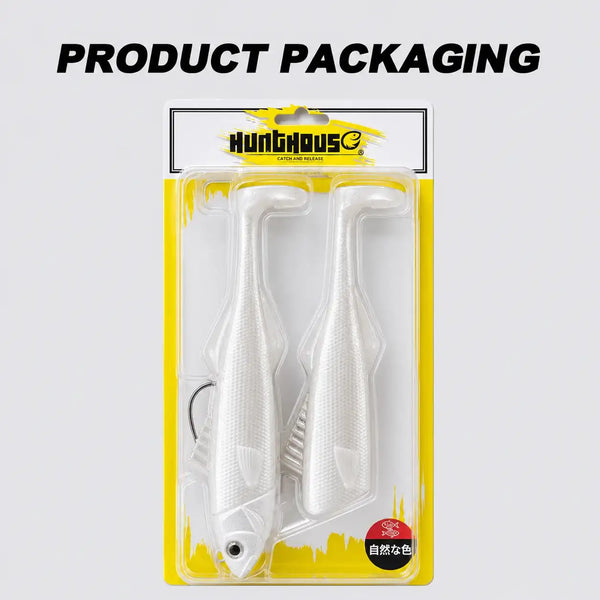 Soft fishing lure package with two white jig bodies in clear blister pack