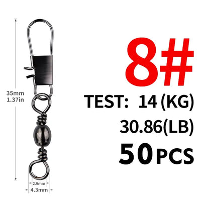 Fishing swivel connector snap clip, size 8#, 35mm, test 14kg, 50 pcs