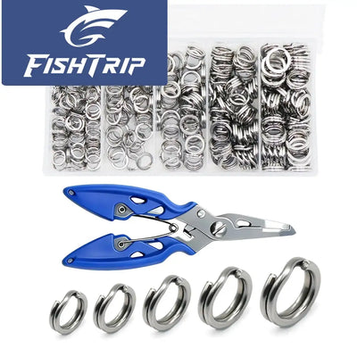 Bag of silver split rings with blue-handled pliers and loose rings for lure connections