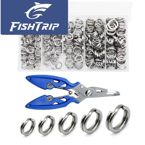 Bag of silver split rings with blue-handled pliers and loose rings for lure connections