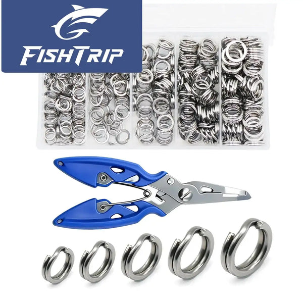 Bag of silver split rings with blue-handled pliers and loose rings for lure connections