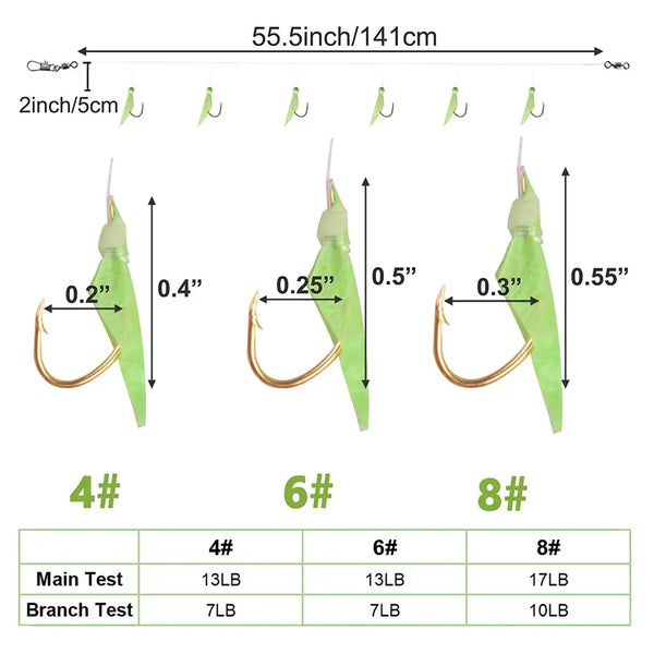 Fishing rig size chart showing 4#, 6#, and 8# hooks with lime heads and translucent bodies.