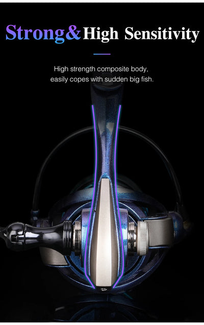 Shallow-spool spinning fishing reel with blue-purple reel body and silver bail