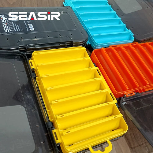 Double-sided tackle boxes with clear lids, shown open with bright internal compartments