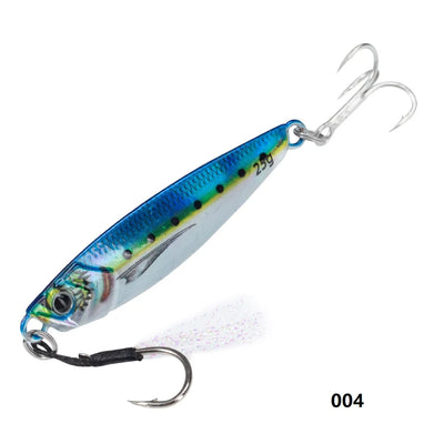 Metal jig fishing lure, blue and silver body with split rings and treble hooks