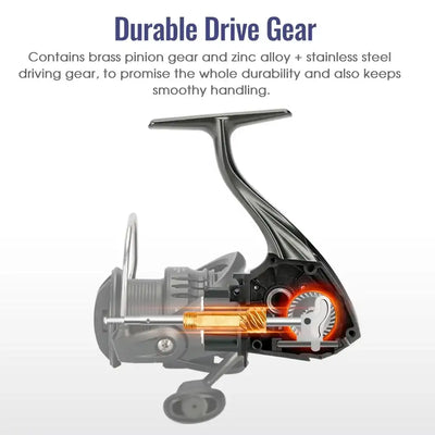 Spinning reel cutaway showing durable drive gear inside