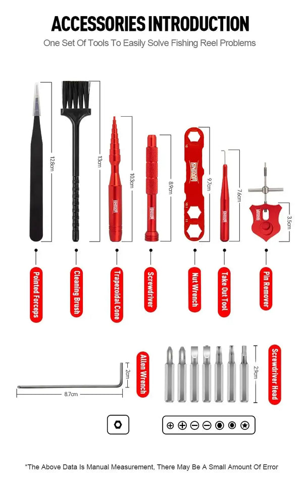 Fishing reel tool accessories set display with multiple red tools and spare parts