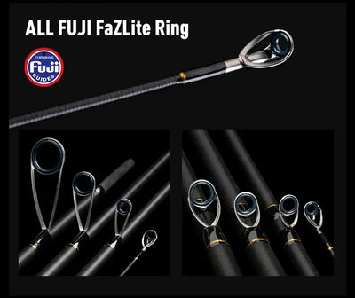 Fishing rod with Fuji FazLite ring guides and blue guide inserts.