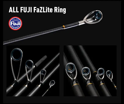 Fishing rod with Fuji FazLite ring guides and blue guide inserts.